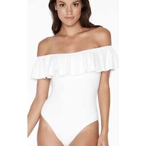 L*Space $180 Kimora One Piece Ruffle Off Shoulder Swimsuit Cheeky White Size 8